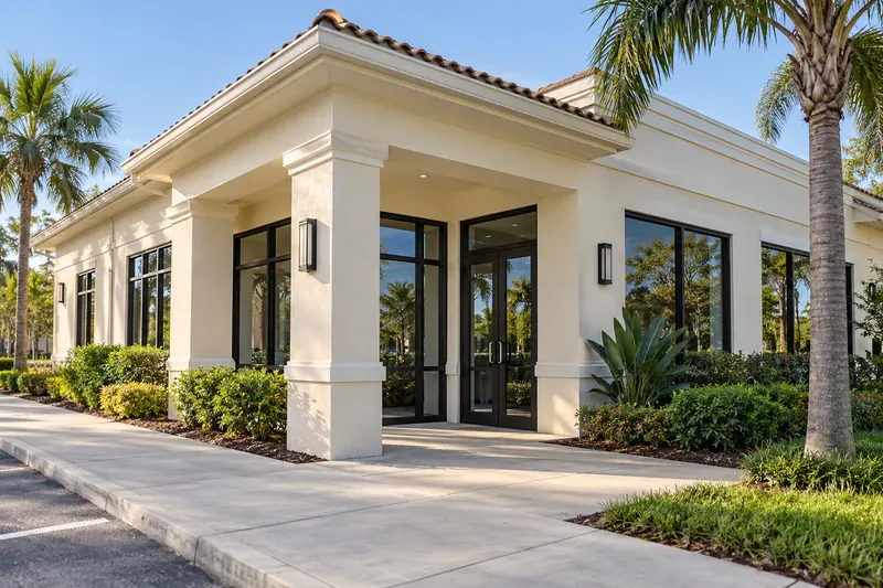Single-story commercial exterior with glass windows and a concrete sidewalk