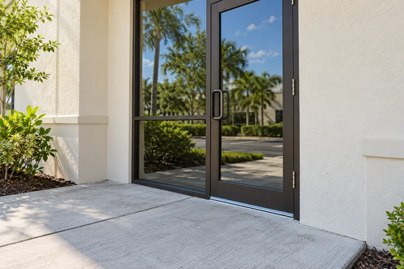 Glass commercial entrance and adjoining concrete pedestrian approach