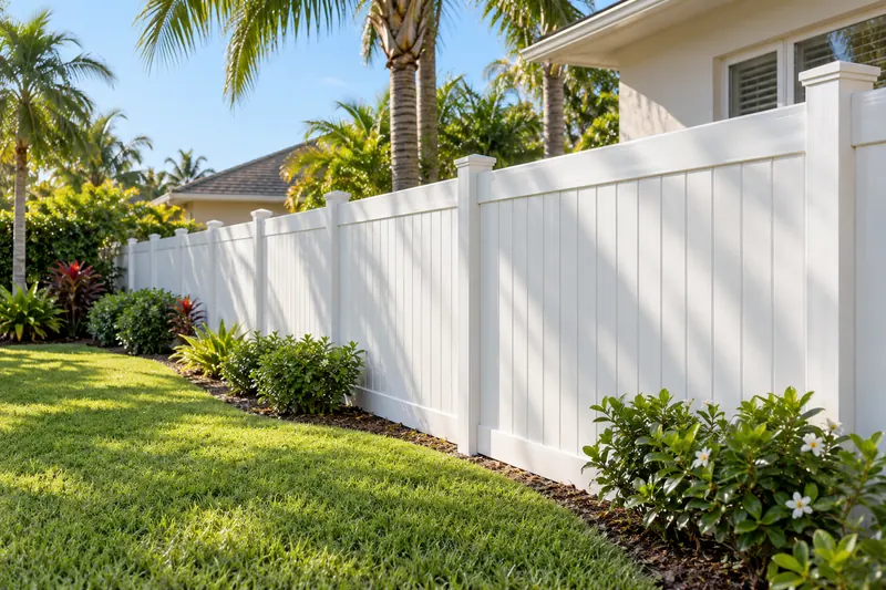 White vinyl privacy fence beside a planted yard