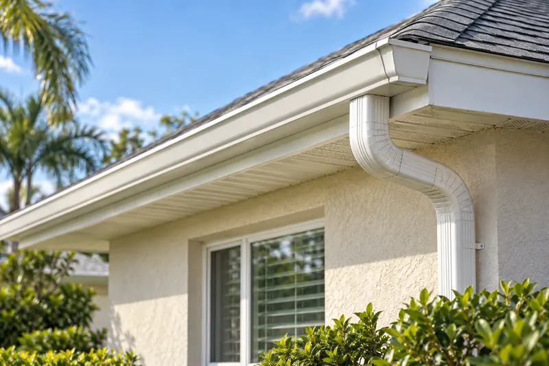 White rain gutter, fascia and downspout along a home roof edge
