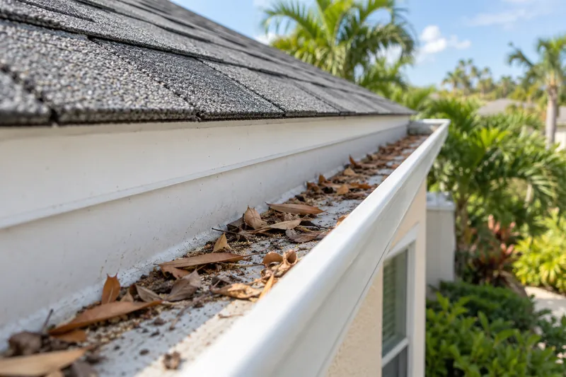 Leaves and seed pods inside an open roof gutter