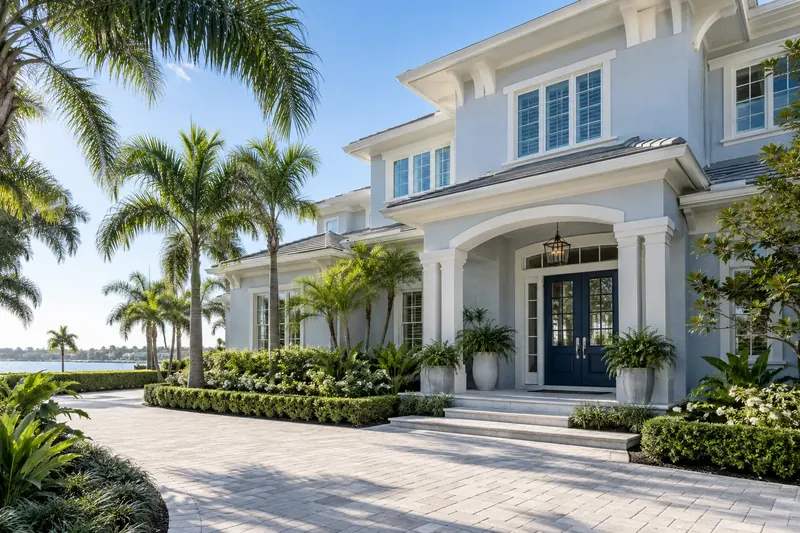 Pale stucco home with a shaded entrance and palm landscaping