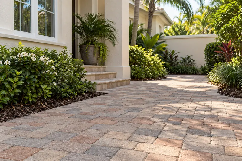 Interlocking paver courtyard with visible joints and natural surface texture