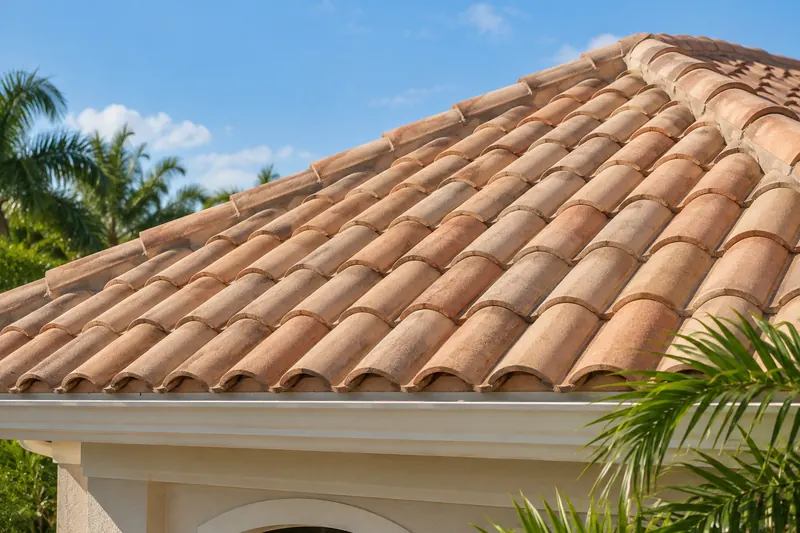 Close view of a concrete tile roof above a Florida-style home