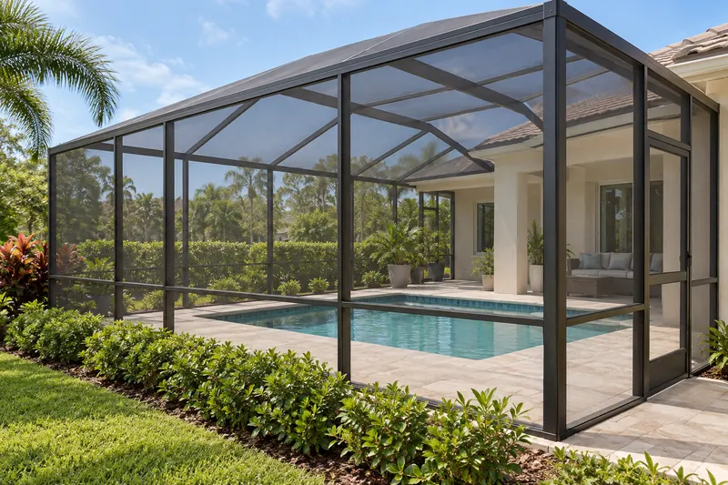 Dark aluminum pool enclosure framing and fine screen panels