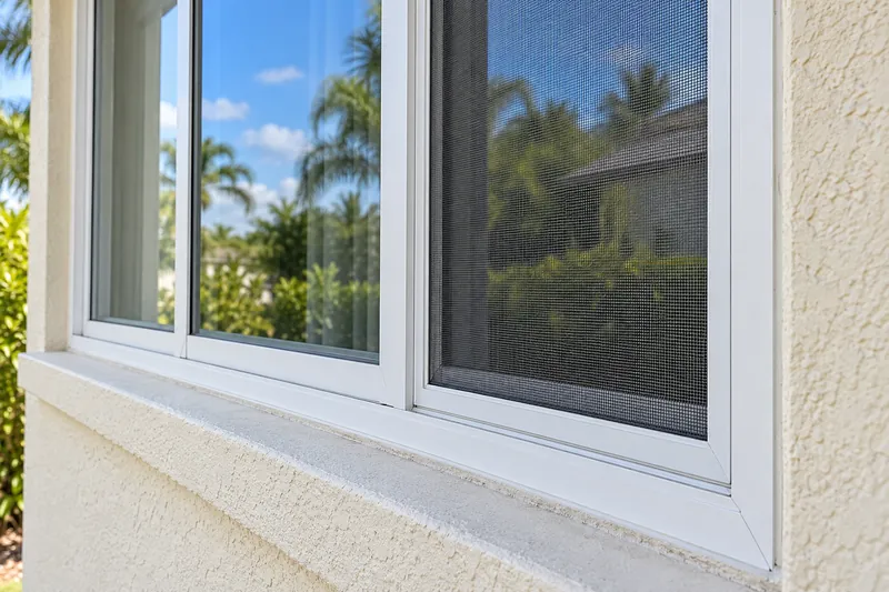 Exterior window frame, glass and adjacent insect-screen mesh